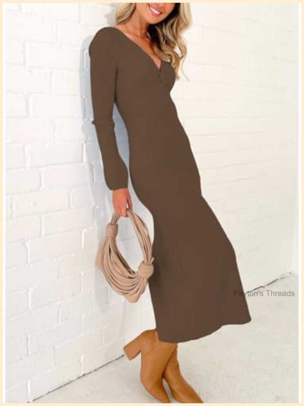 Women's Sweater Dress Long Sleeve V Neck Ribbed Knit Bodycon Midi - Picture 3 of 5